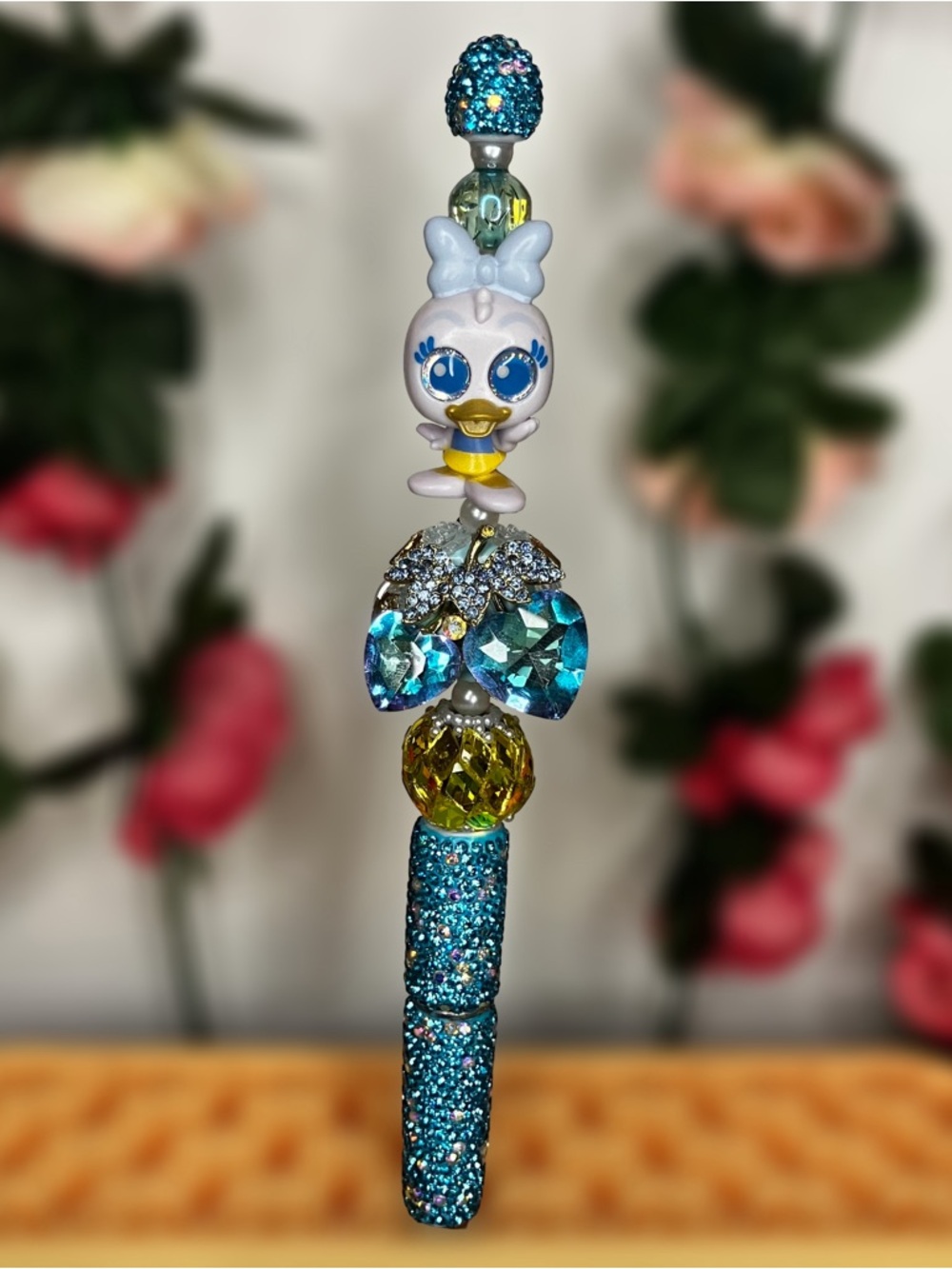 Daisy It’s a Small World Upcycled Doorable Blue Rhinestone Handmade Beaded Pen